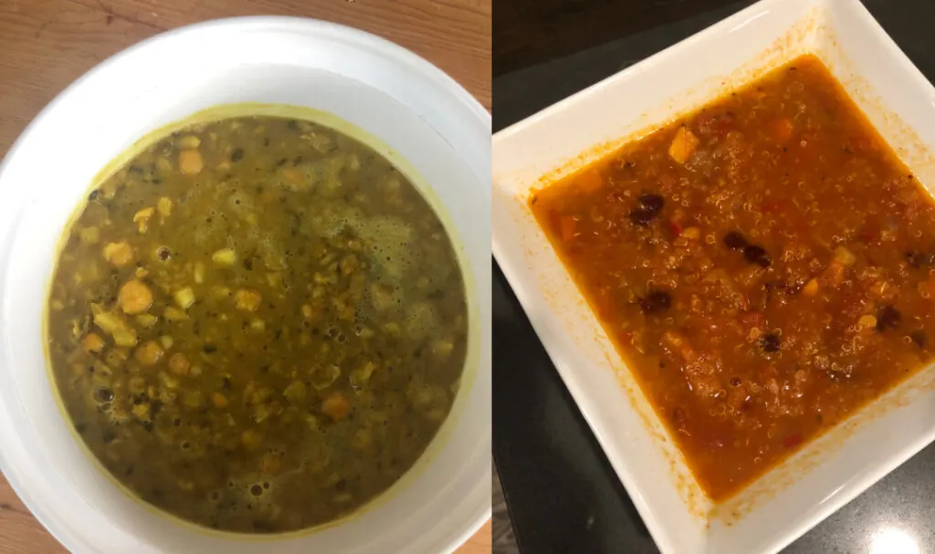 two splendid spoon soups side by side in white bowls