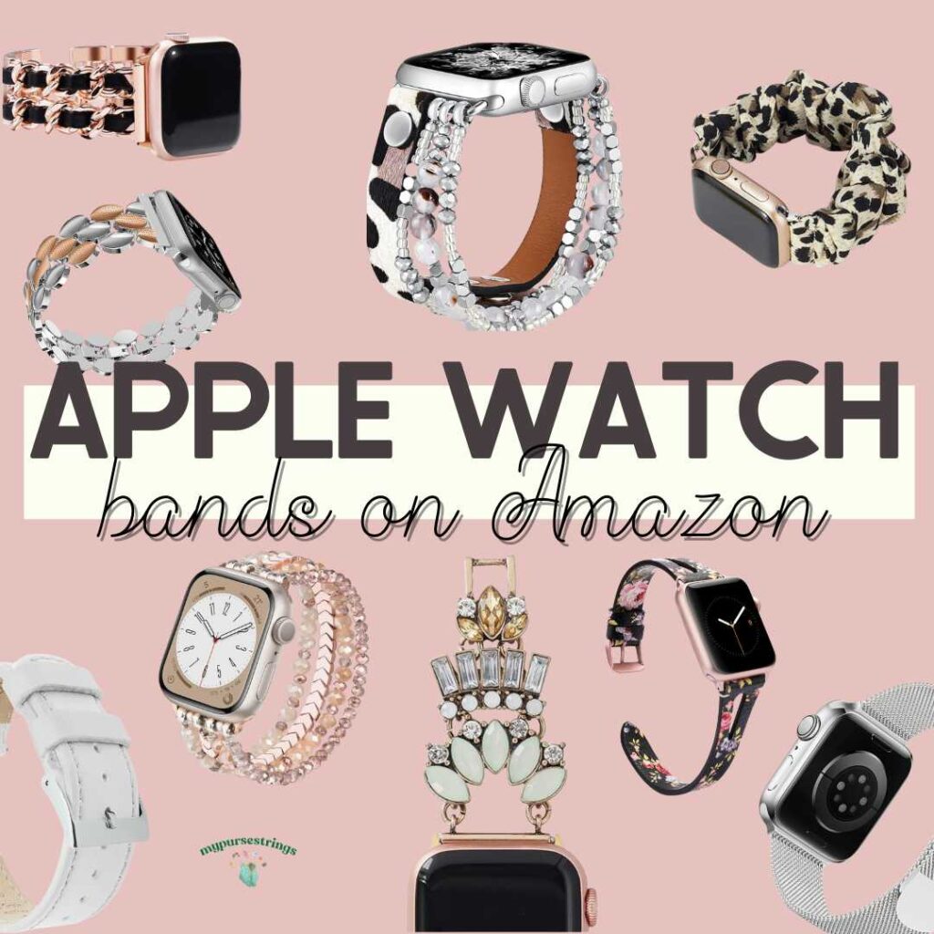 light pink background text overlay with apple watch bands on amazon.