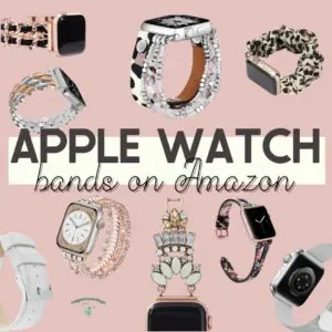 light pink background text overlay with apple watch bands on amazon.