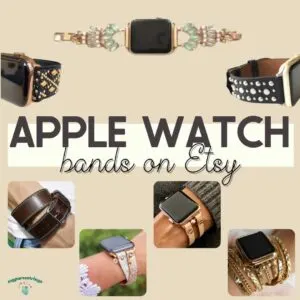 beige background text overlay apple watch bands on etsy with various bands