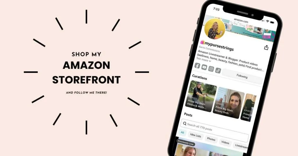 iphone showing mypursestrings amazon storefront text overlay follow me there