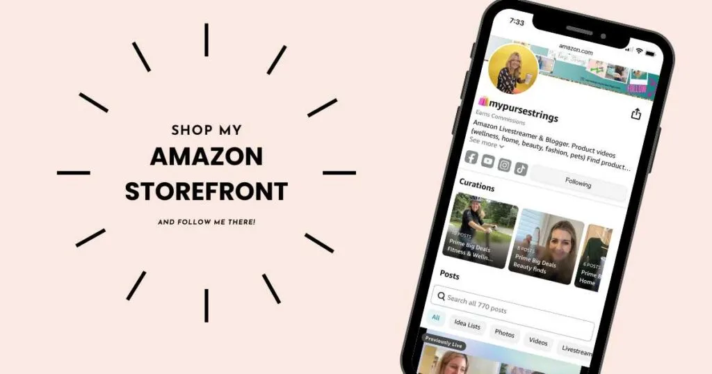 iphone showing mypursestrings amazon storefront text overlay follow me there 