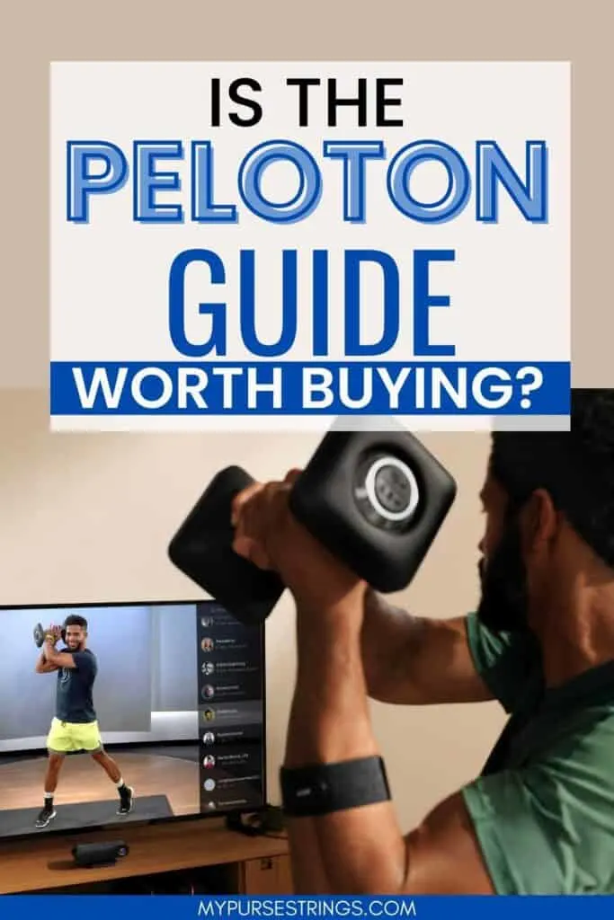 man working out with Peloton Guide blue font