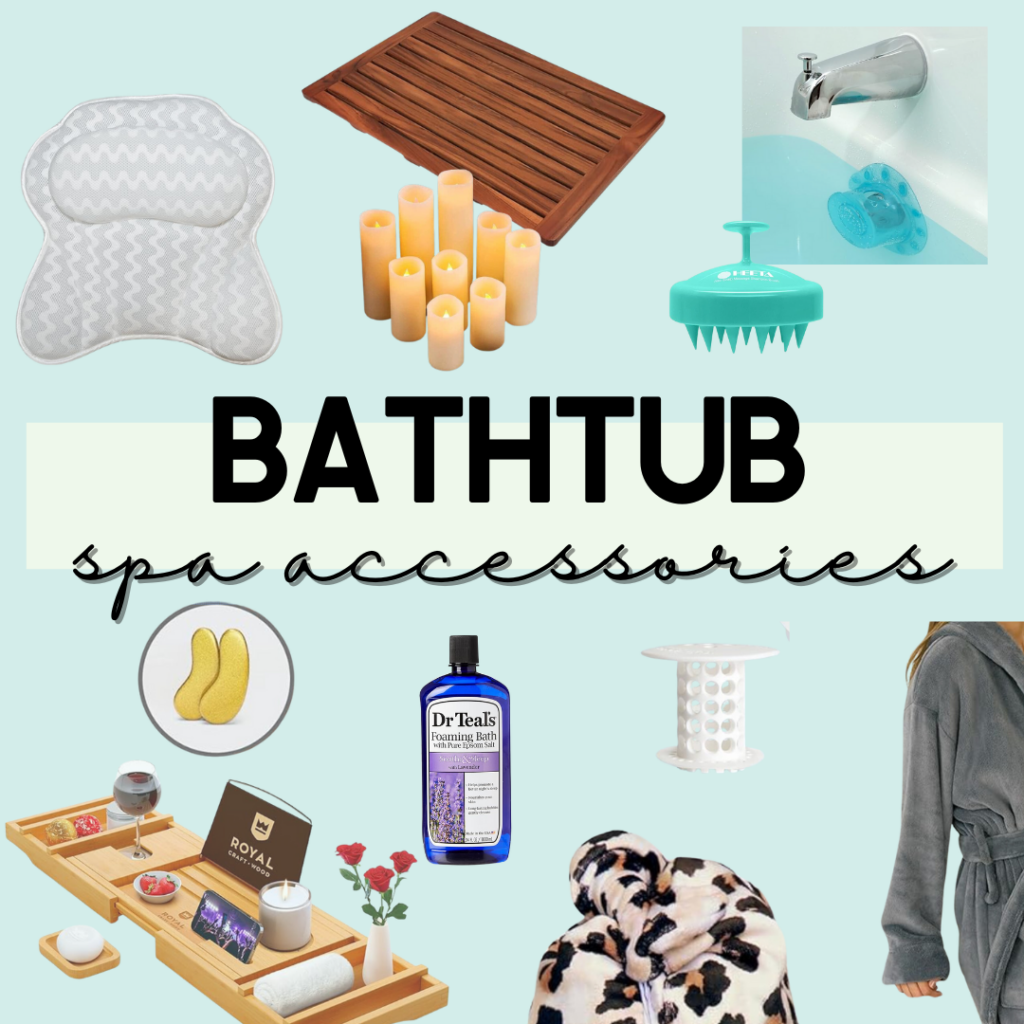 collage image of bathtub spa accessories light blue background