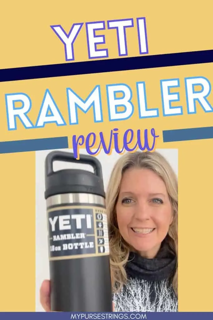yellow background blue font woman holding yeti rambler bottle