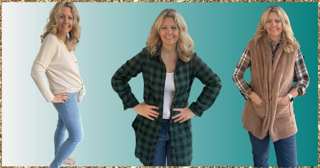 woman wearing three different fall outfits