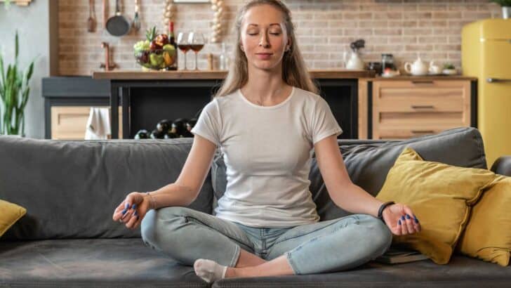 woman meditating on couch