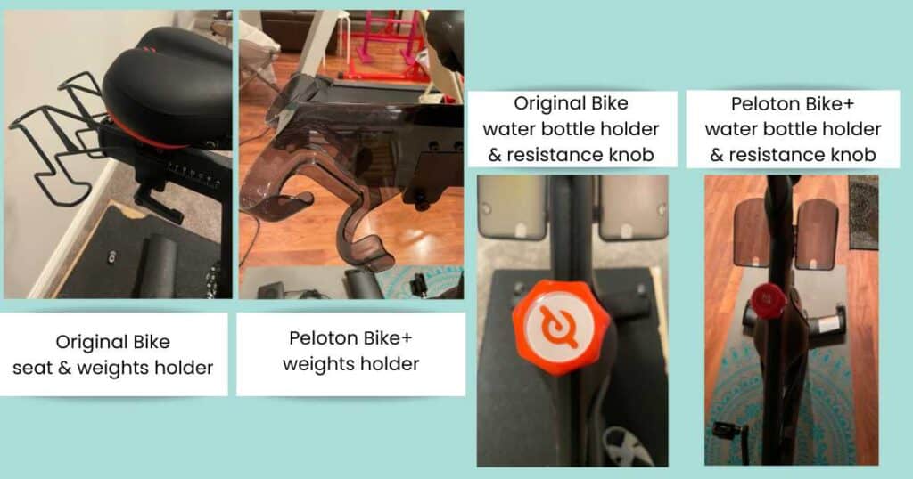 Peloton bike seats, weight holder, water bottle holder and resistance knob