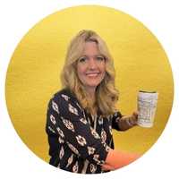 Michelle Platt photo holding coffee gold background