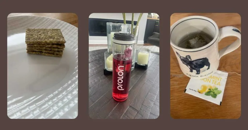 prolon stack of crackers on white plate, red hibiscus tea l-drink in bottle and peppermint lemon tea in mug