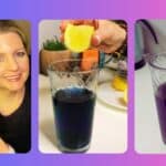 woman holding butterfly pea canister next to blue tea and purple tea in glass