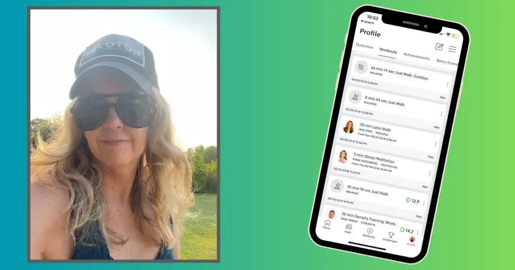 woman wearing peloton hat iphone showing peloton walk workouts green background