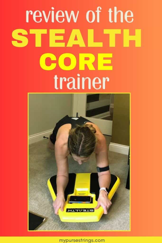 orange background yellow font woman using stealth core trainer to do a plank exercise