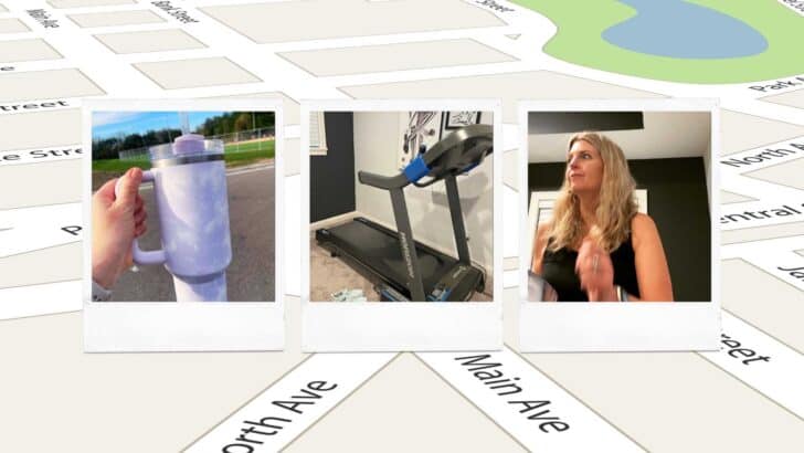 map background, water bottle, treadmill, woman walking