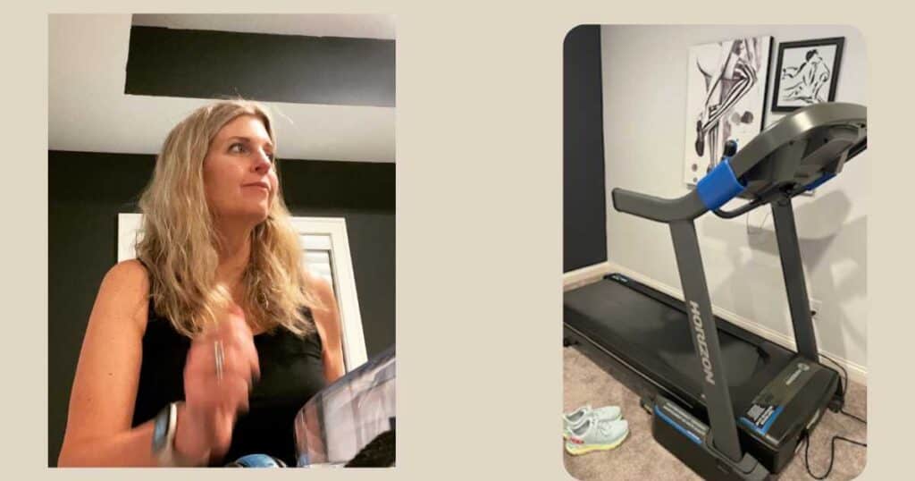 woman smiling walking next to treadmill