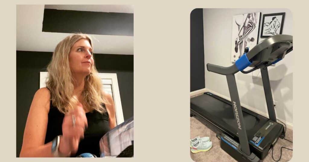 woman smiling walking next to treadmill 