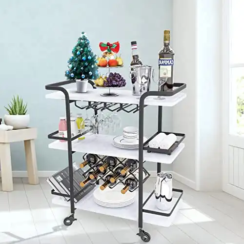 Jubao Bar Cart, 3-Tier Storage Serving Cart Rolling Wine Trolley Kitchen Island Cart with Wine Glass Holder, Handle Racks with Litght Stone Finish Wood and Black Metal Commercial or Home Use