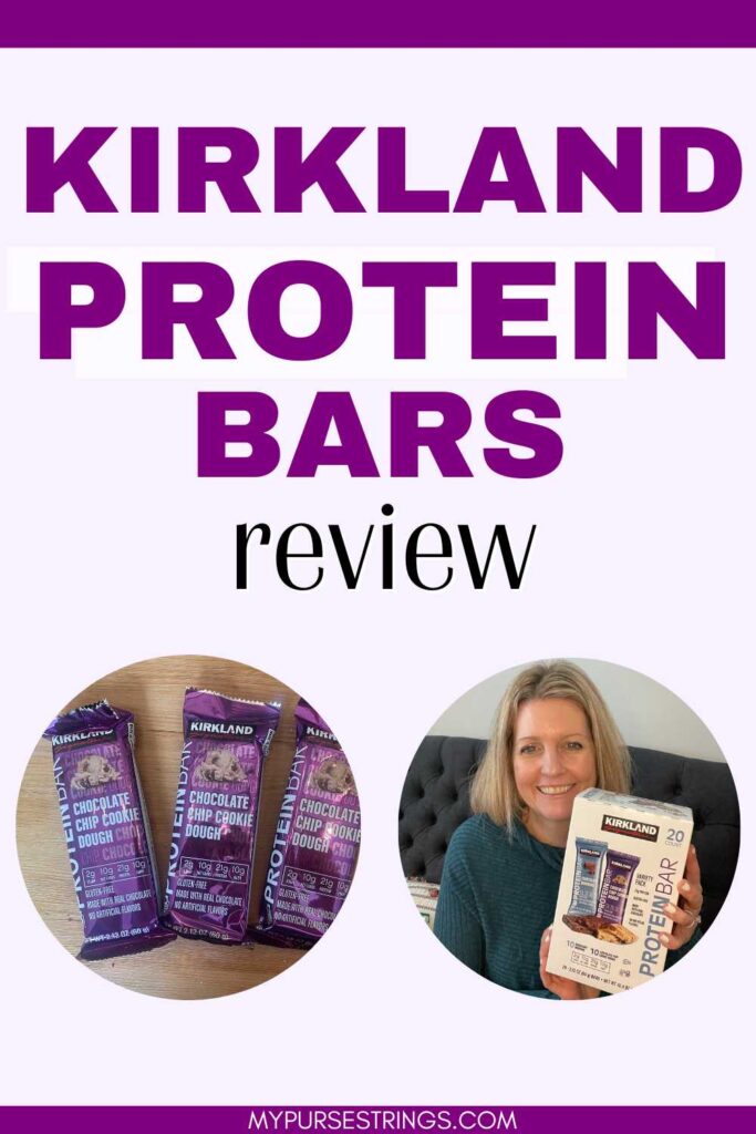 light purple background purple font two circle frames kirkland protein bars and woman holding box