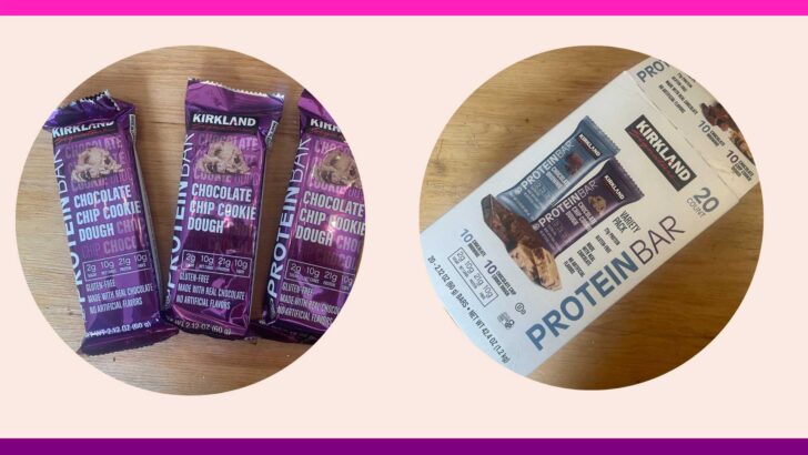 pink and purple borders light pink background circle frames of kirkland protein bars