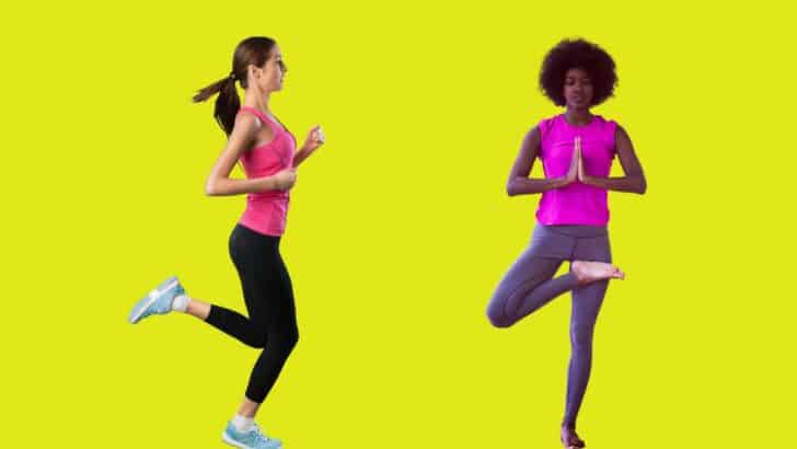 yellow background woman running and woman doing yoga