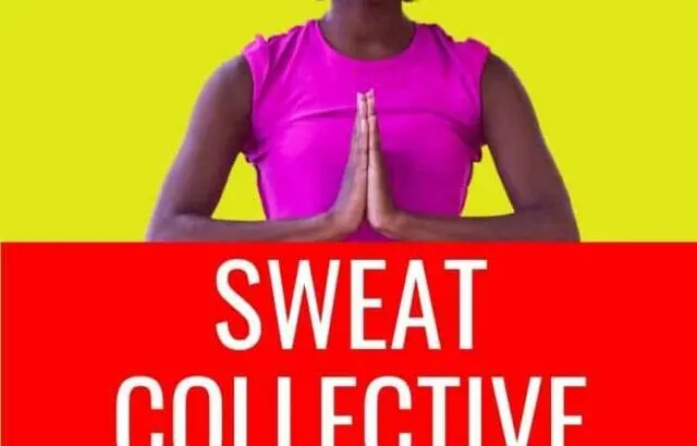 bright yellow background, woman in yoga pose, red text box white writing sweat collective
