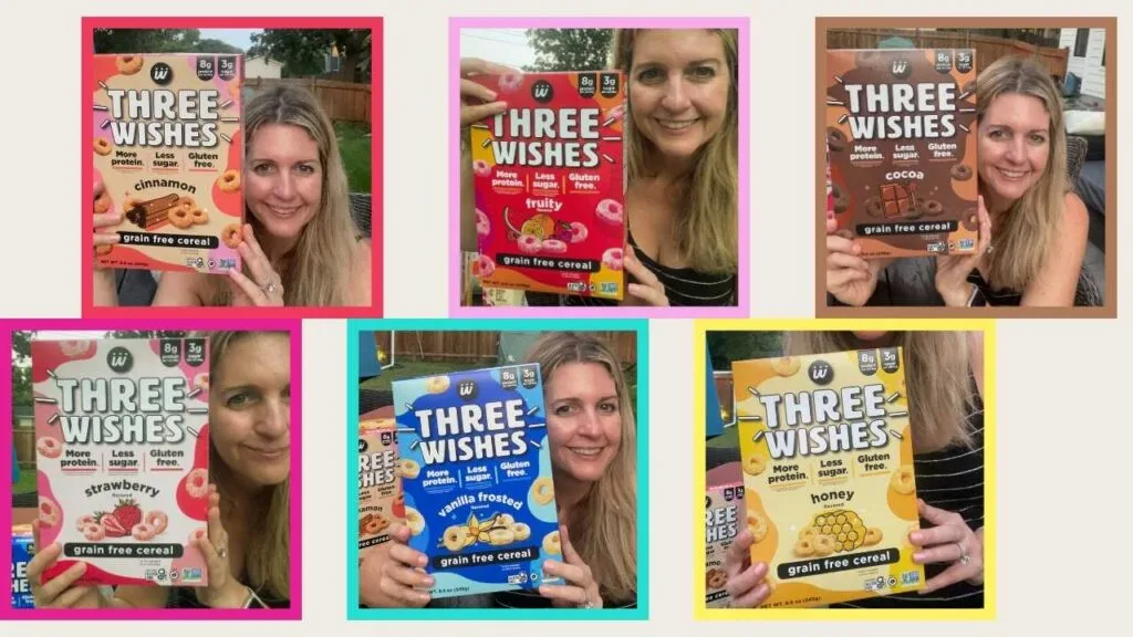 michelle platt with collage of different three wishes cereal boxes