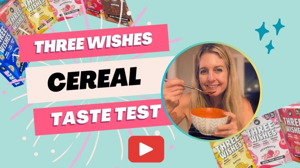 youtube thumbnail three wishes cereal review blue background woman eating cereal pink text boxes