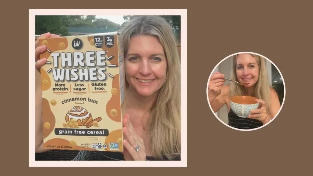 michelle platt holding three wishes cinnamon bun cereal and eating from a bowl