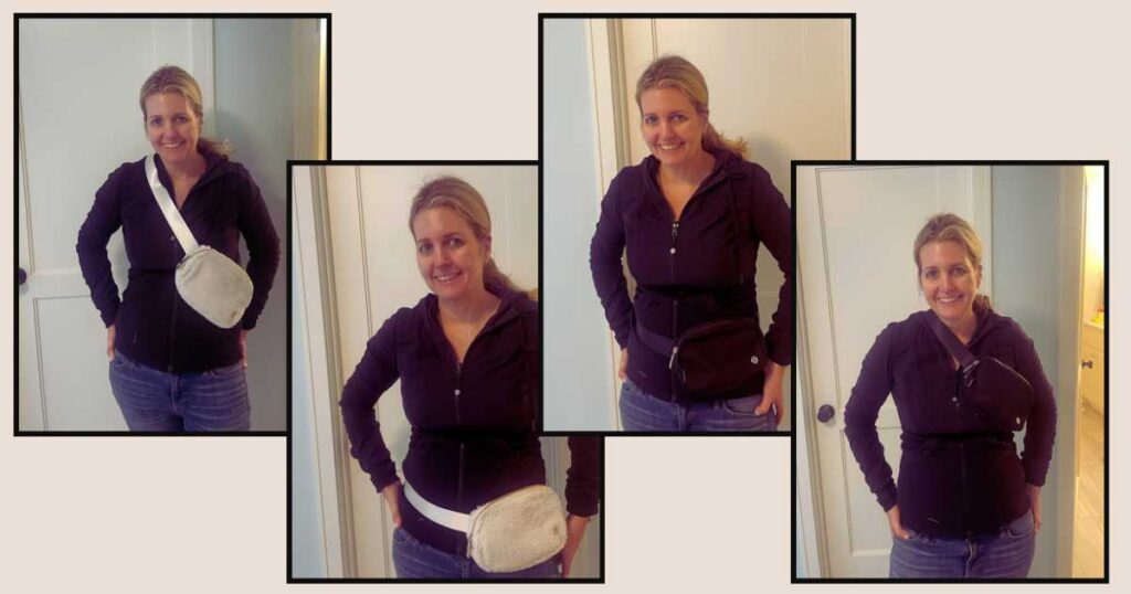woman wearing Lululemon belt bag worn two ways cross body and as a belt in fleece and nylon
