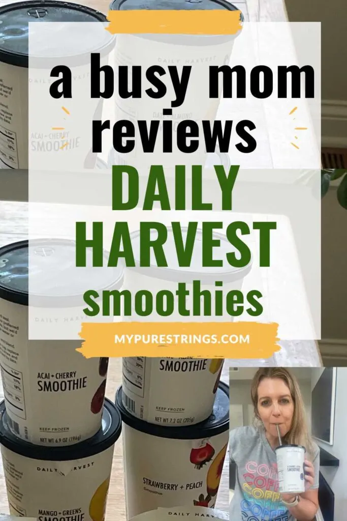 smoothies in the background woman drinking daily harvest smoothies green and yellow font