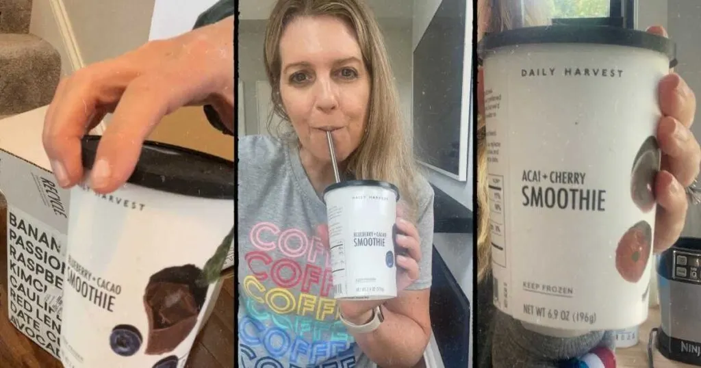 Unboxing Daily Harvest smoothie, Michelle Platt drinking smoothie, up close look at smoothie