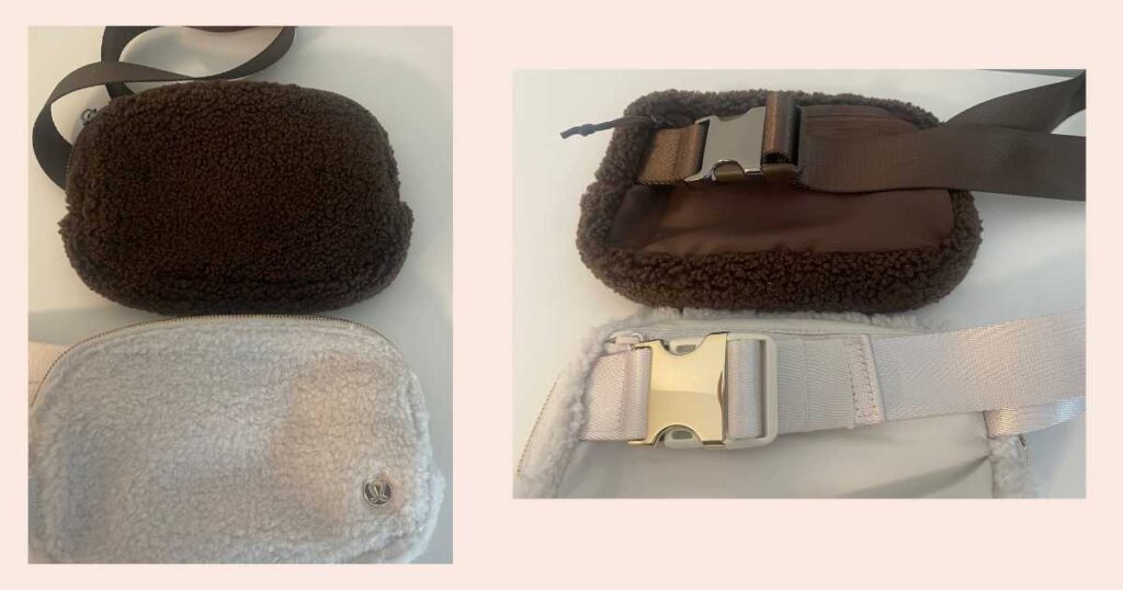 Brown Amazon fleece belt bag on top of white Lululemon fleece belt bag