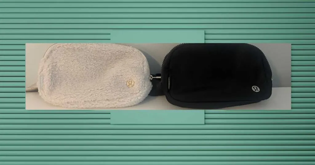 green blue background white fleece lululemon belt bag next to black everywhere belt bag