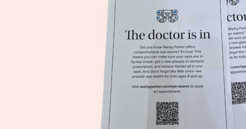 Warby Parker paperwork advertising the doctor is in eye exams