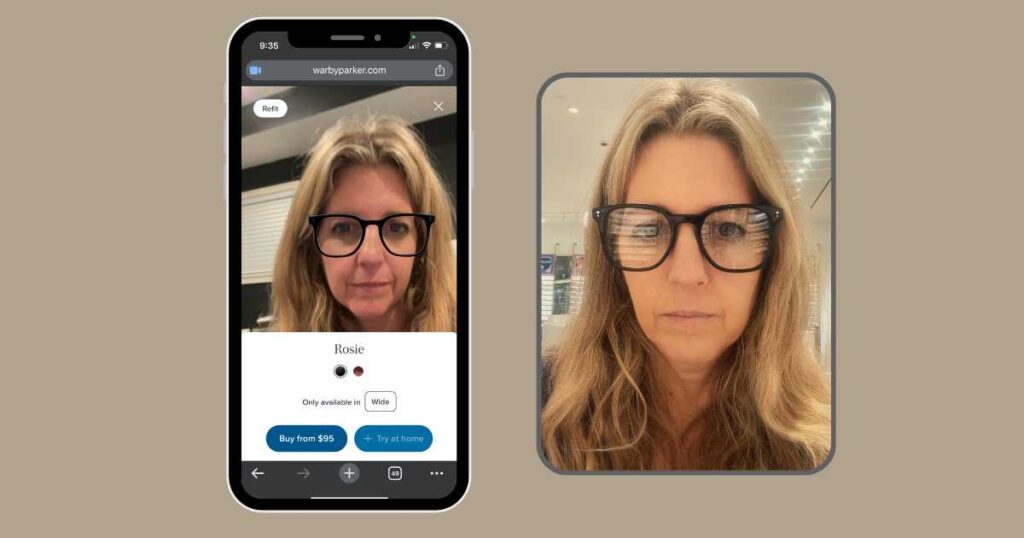 iphone warby parker virtual try on of glasses and woman wearing same black glasses in store