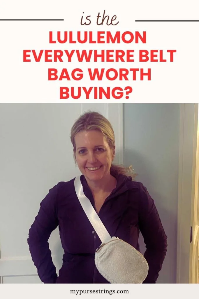 pinterest pin red font text is the lululemon everywhere belt bag worth buying woman smiling wearing white fleece bag crossbody