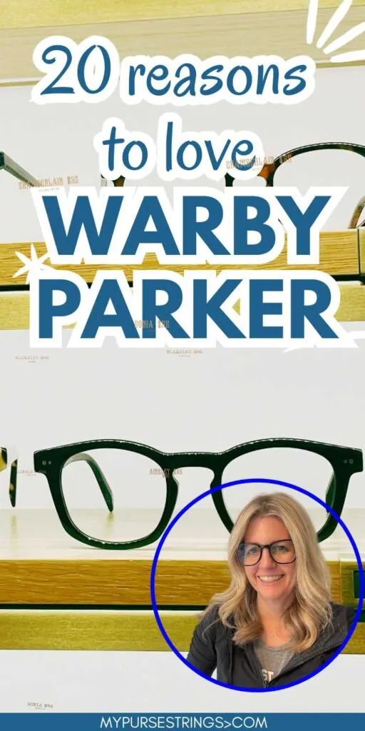 warby parker shelf of glasses and woman wearing glasses in circle frame