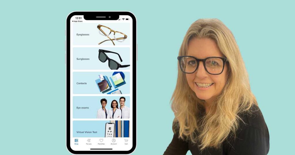 iphone with warby parker app and michelle platt wearing black frames