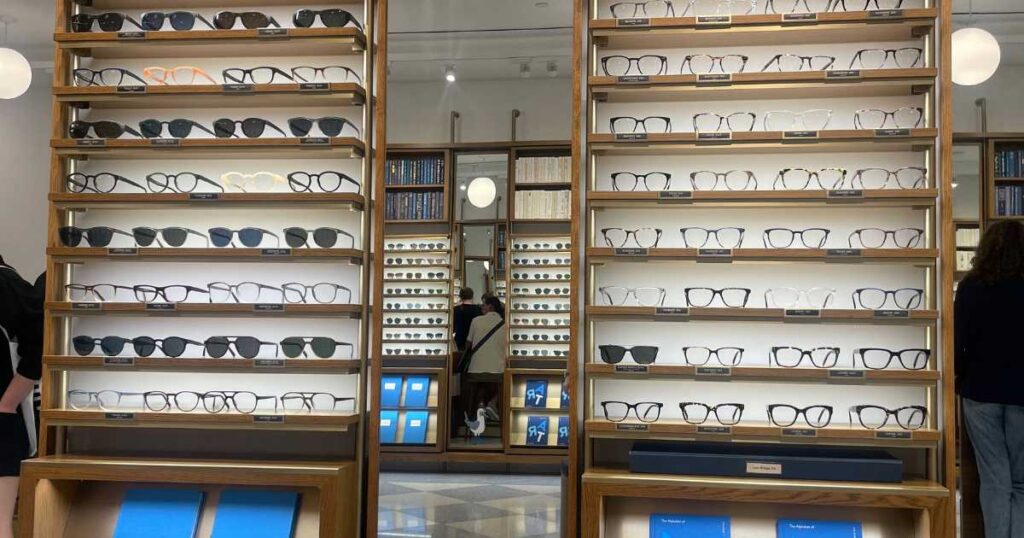 warby parker display of glasses