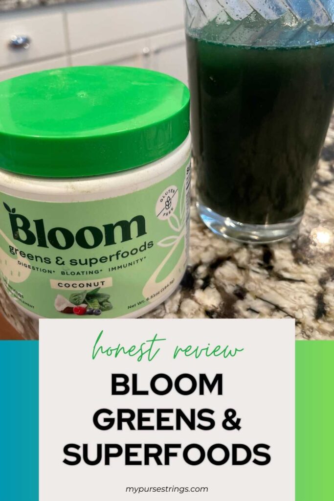 green and blue text box honest review blooms and greens superfoods pin with bloom powder on counter next to glass
