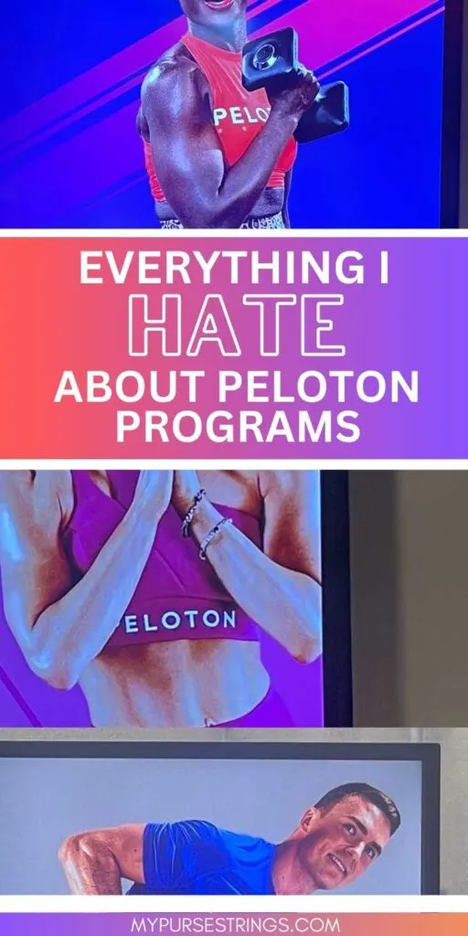 text overlay pinterest everything i hate about peloton programs purple pink with instructors