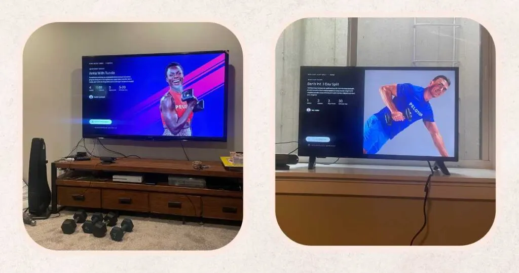 two TVs side by side showing Arms with Tunde and Ben Stronger You