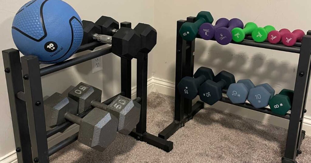 weight rack with dumbbells and medicine ball
