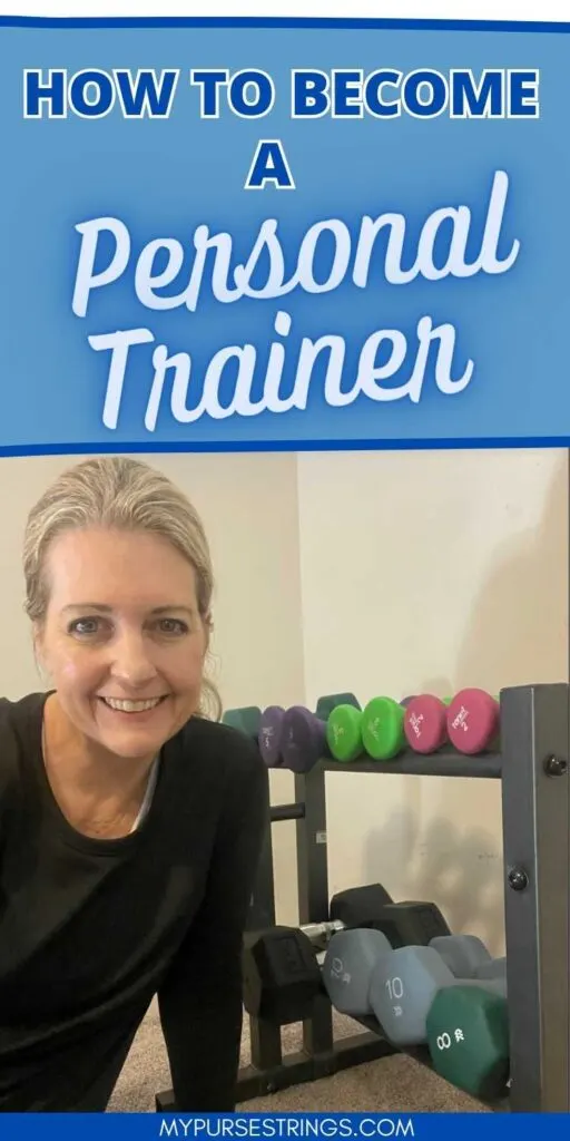 Michelle Platt sitting next to a rack of dumbells blue text overlay how to become a personal trainer