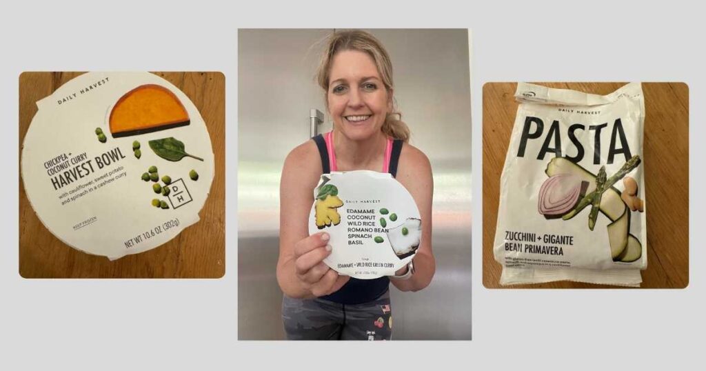 Daily harvest bowl, woman holding curry, and pasta