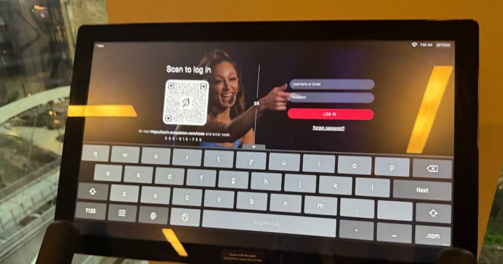 Peloton instructor Jess King featured on bike touchscreen login screen