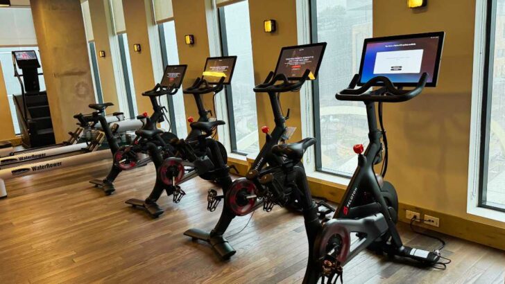 peloton bikes in a row at proper hotel austin texas gym