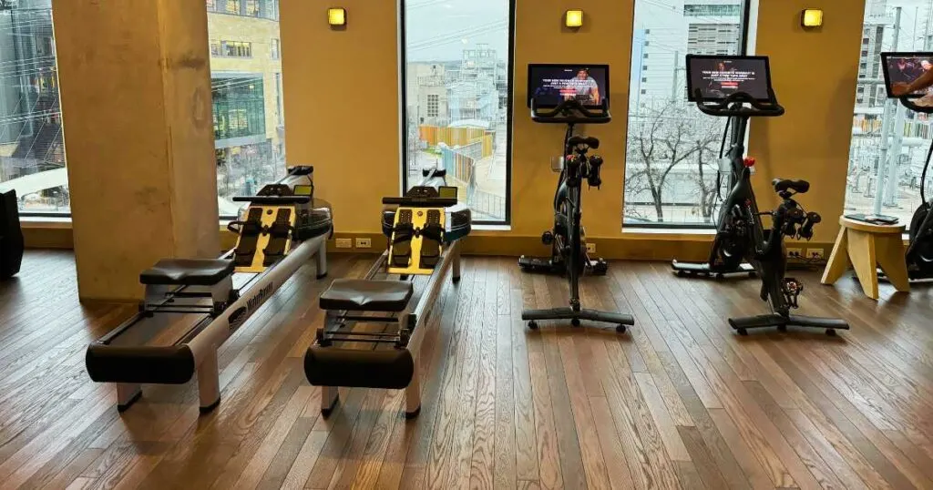 peloton bikes and water rowers in fitness center at the Proper Hotel Austin Texas