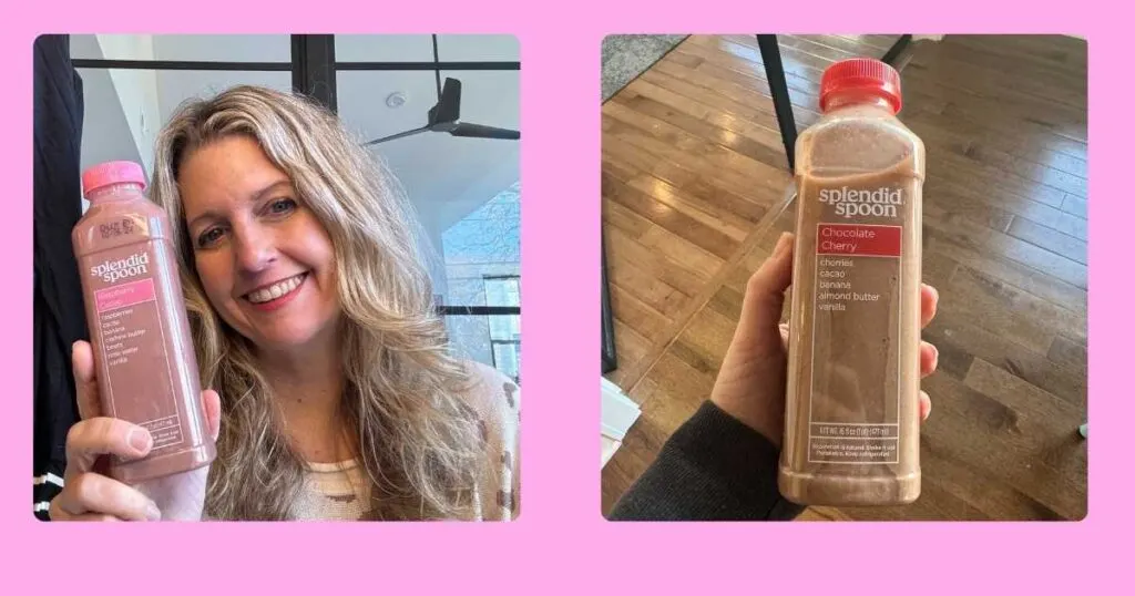 pink background michelle platt holding raspberry splendid spoon smoothie next to chocolate cherry smoothie