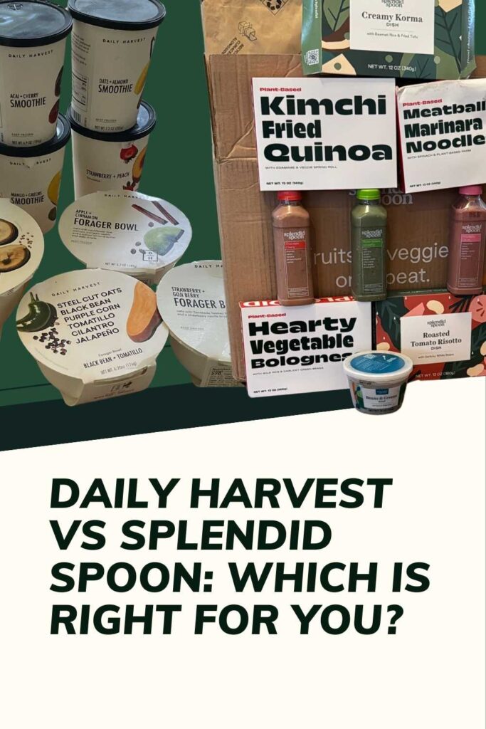 pinterest pin with text daily harvest vs splendid spoon which is right for you green background photos of products